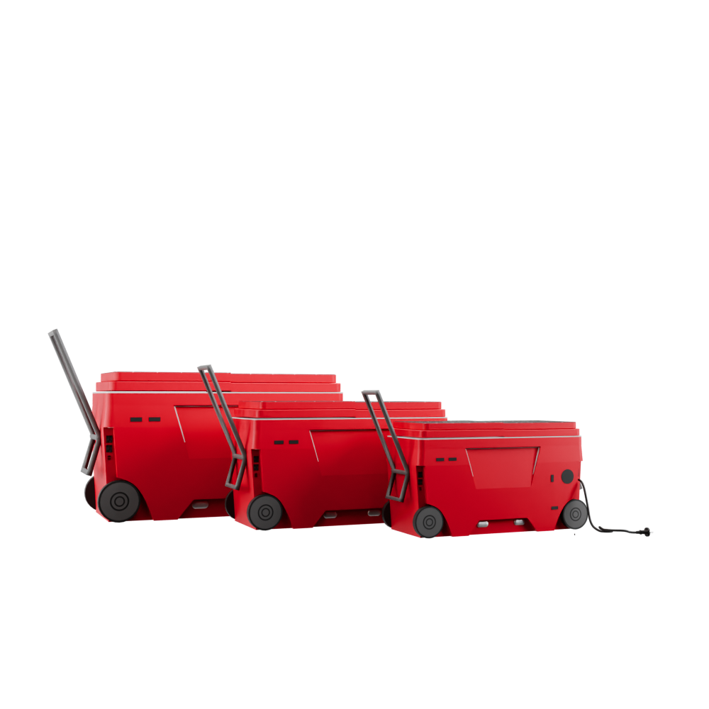 A red cart with three different sized carts.
