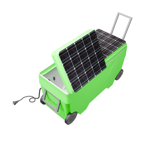 A green cooler with solar panels on top of it.