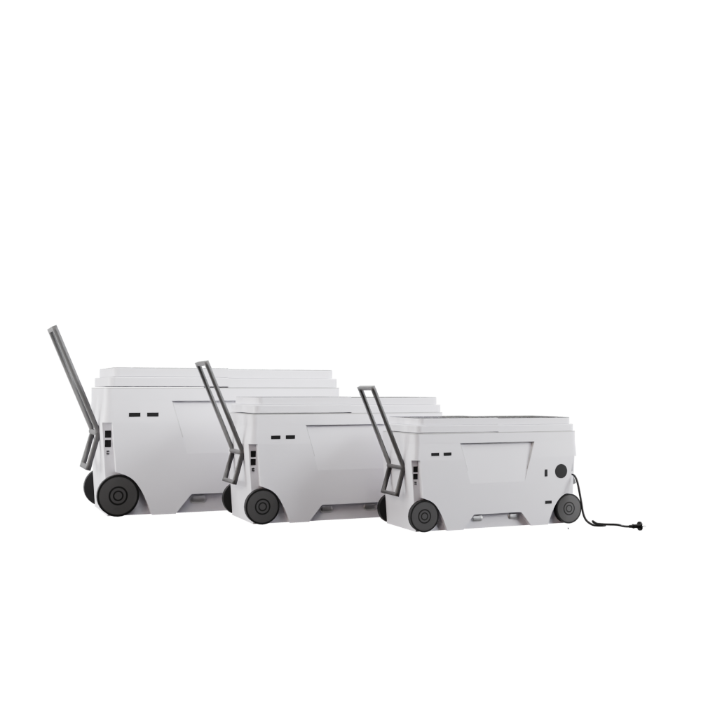 A group of three carts with wheels on them.