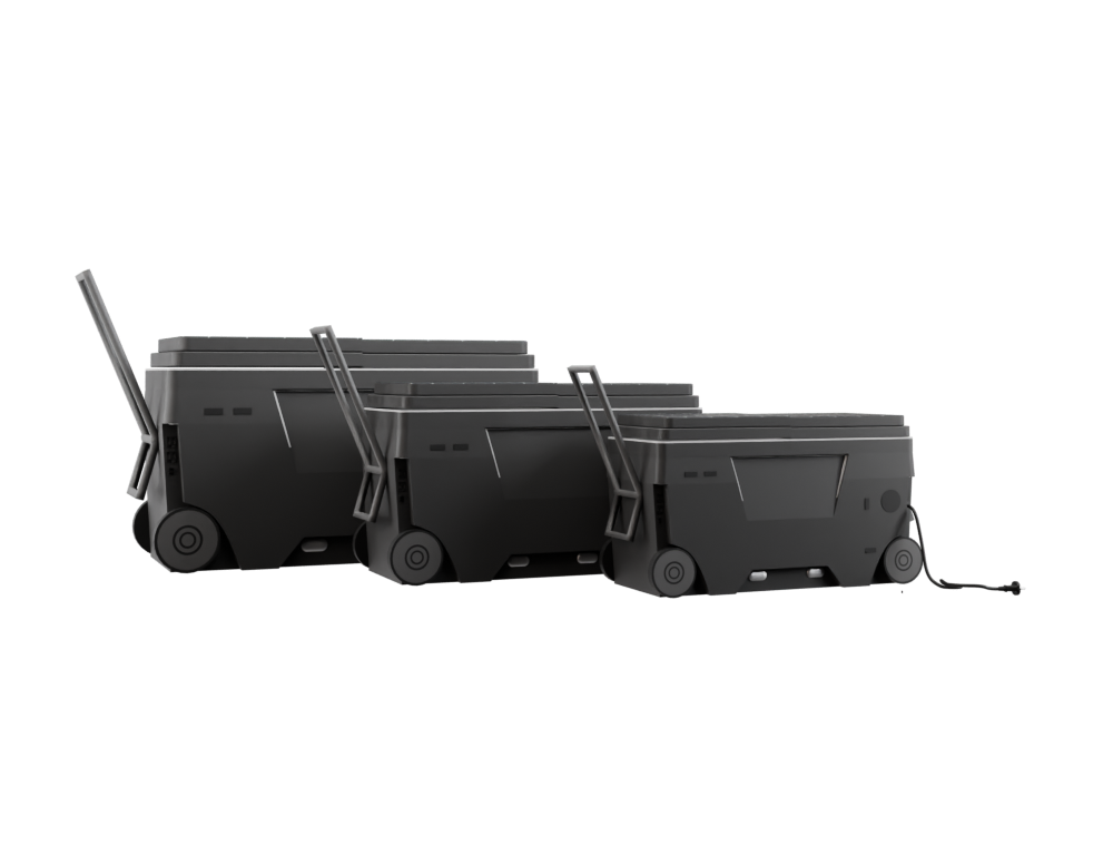 Three garbage cans are shown in a row.