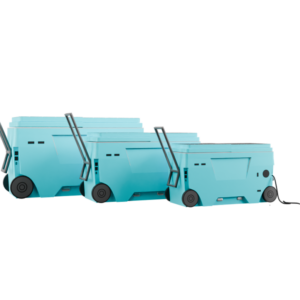 A group of three blue carts with wheels.