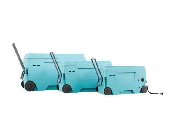 A group of three blue carts with wheels.