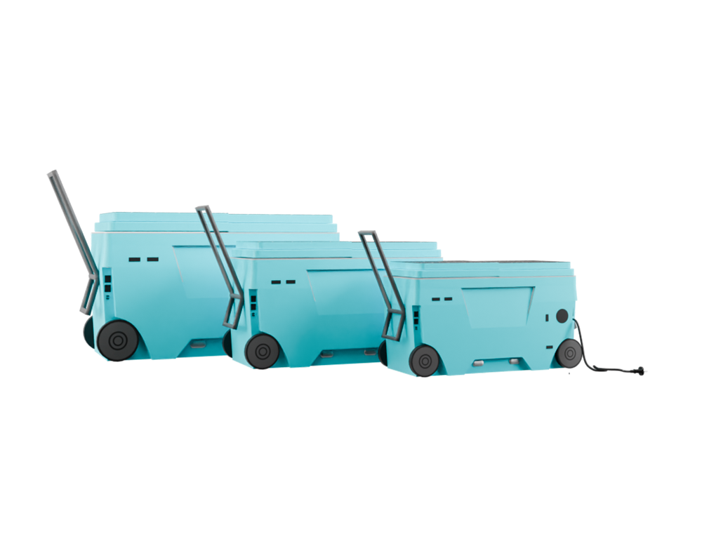 A group of three blue carts with wheels.
