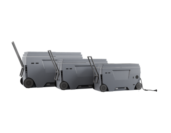 A group of three grey carts with wheels.