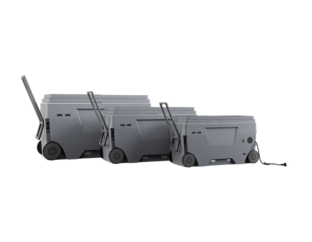 A group of three grey carts with wheels.