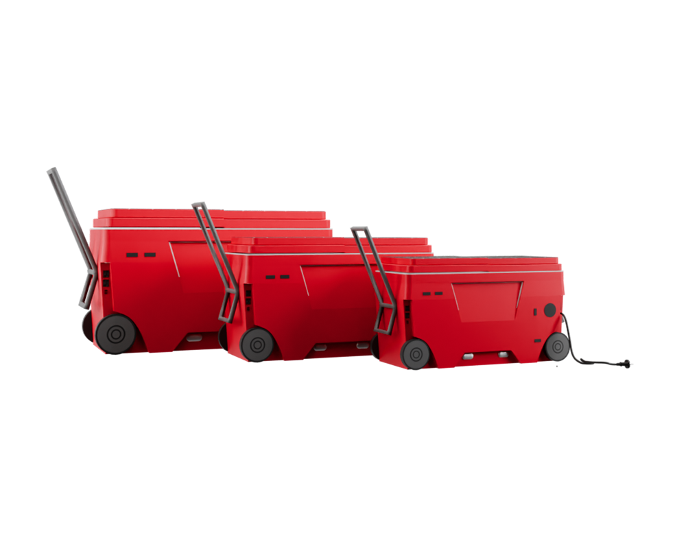 red1 A group of red carts with wheels and handles.