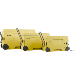 Three yellow carts are lined up in a row.