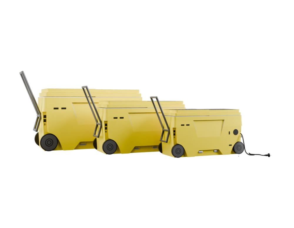 Three yellow carts are lined up in a row.
