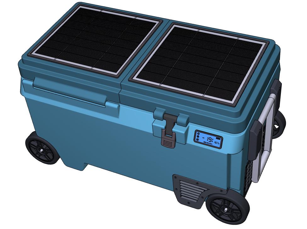 A cooler with wheels and solar panels on top.
