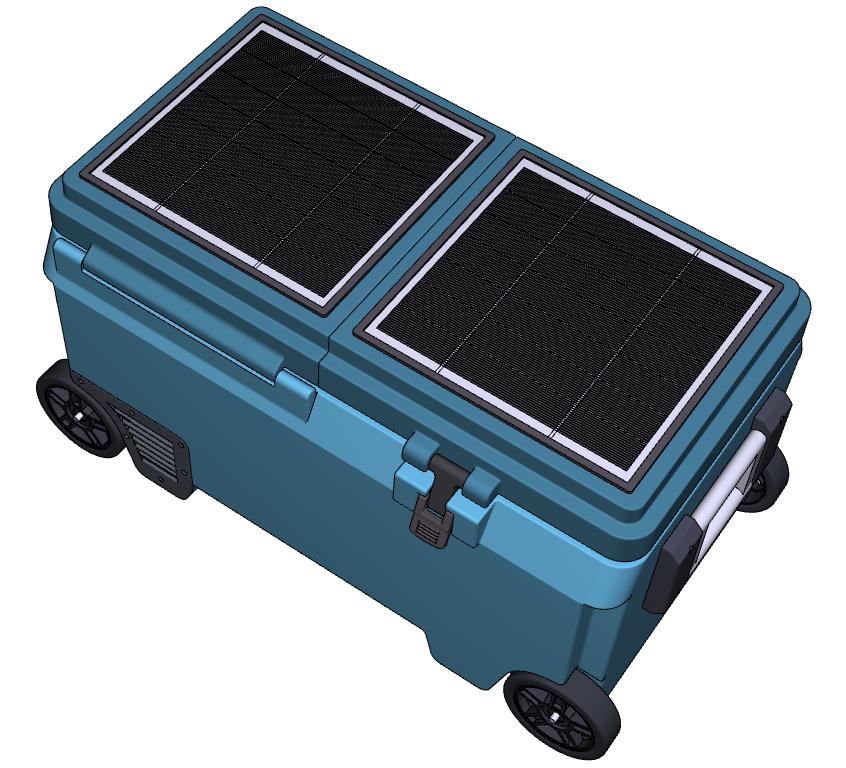 A cooler on wheels with two solar panels.