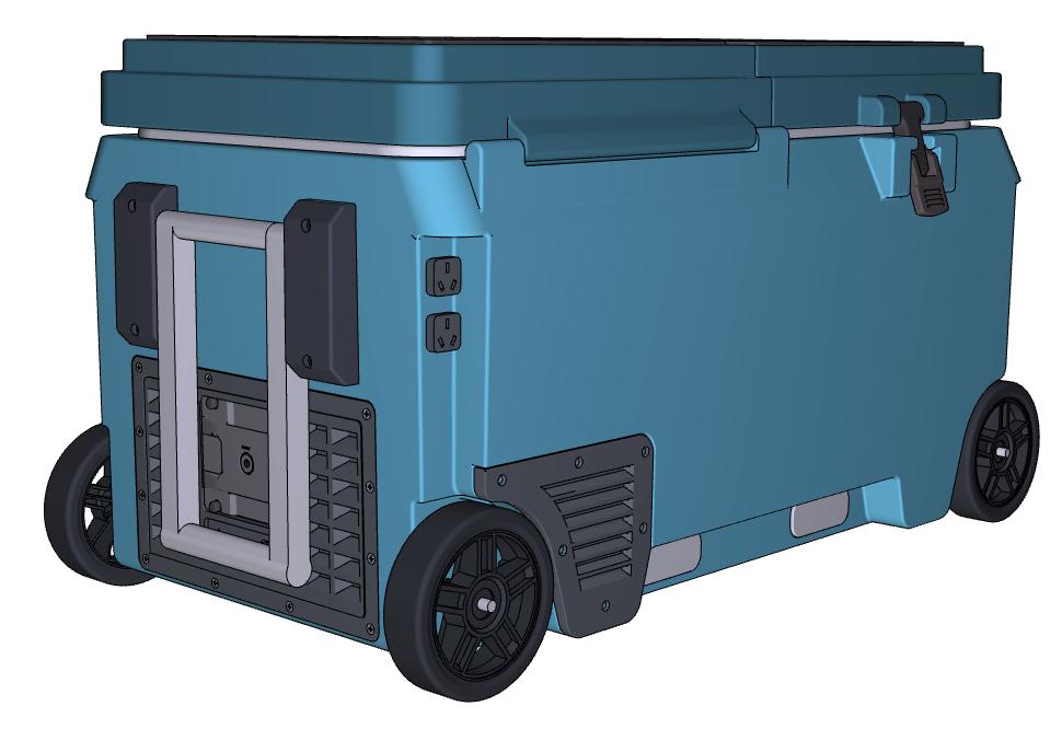 A blue cooler with wheels and handles on it.
